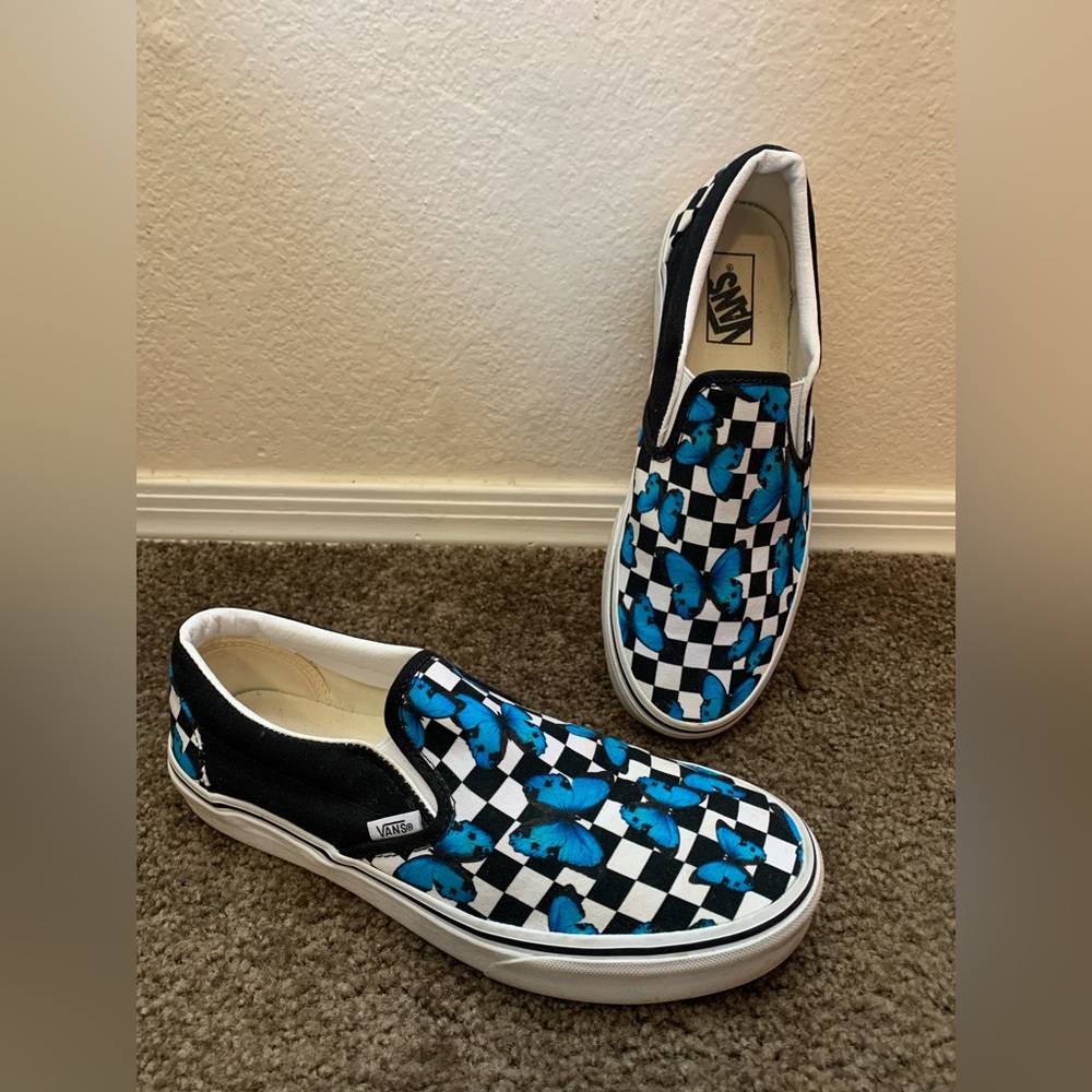 Vans Blue Butterfly Checkered Slip-On Shoes